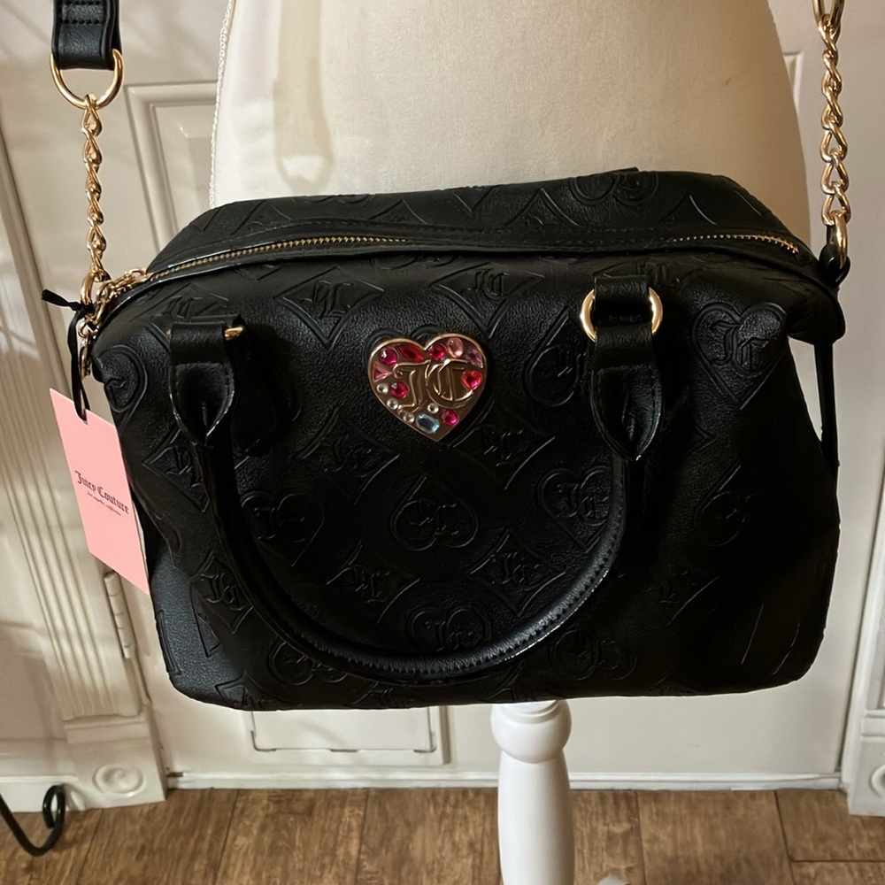 Juicy Couture Black hand and Crossbody Bag with Heart Clasp and Adjustable Strap